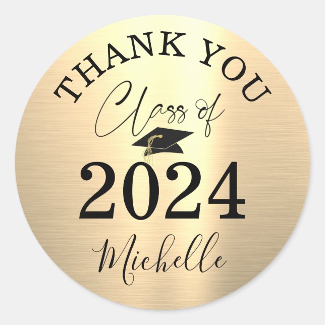 Graduation THANK YOU Script Name Class Year Classic Round Sticker (Front)