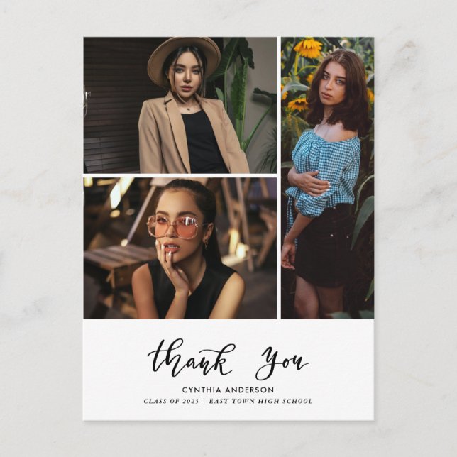 Graduation Thank You Script Three Grad Photo Postcard (Front)