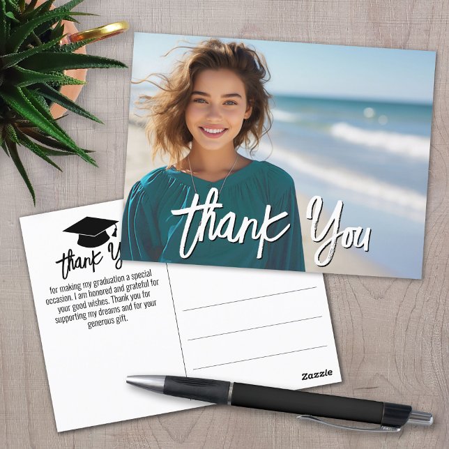 Graduation Thank You with Photo - Script White Postcard (Graduation Thank You Postcard)