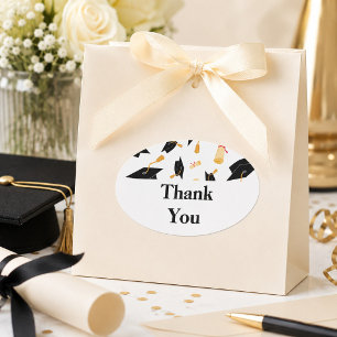Graduation Theme Cap and Diploma Black Gold White Oval Sticker