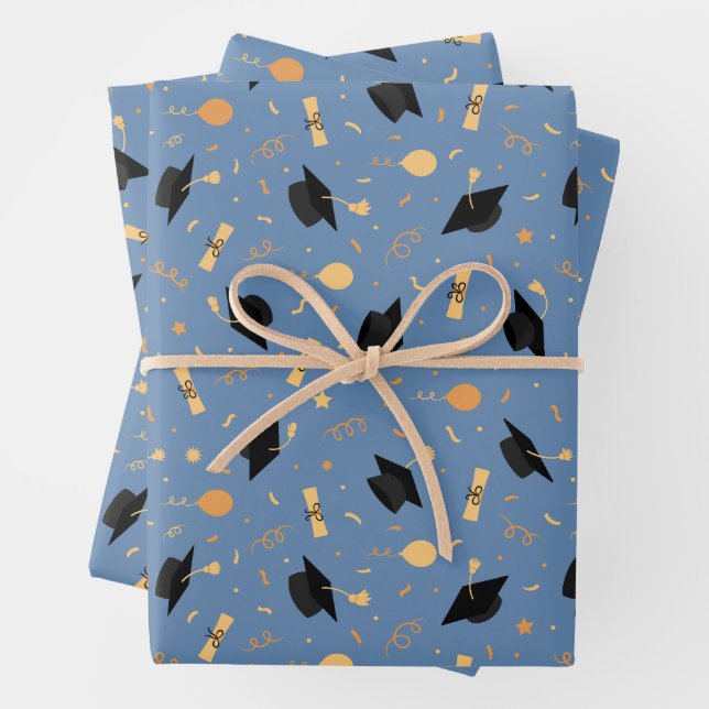 Graduation Theme with Cap, Diploma, Balloons Blue Wrapping Paper Sheet (In situ)