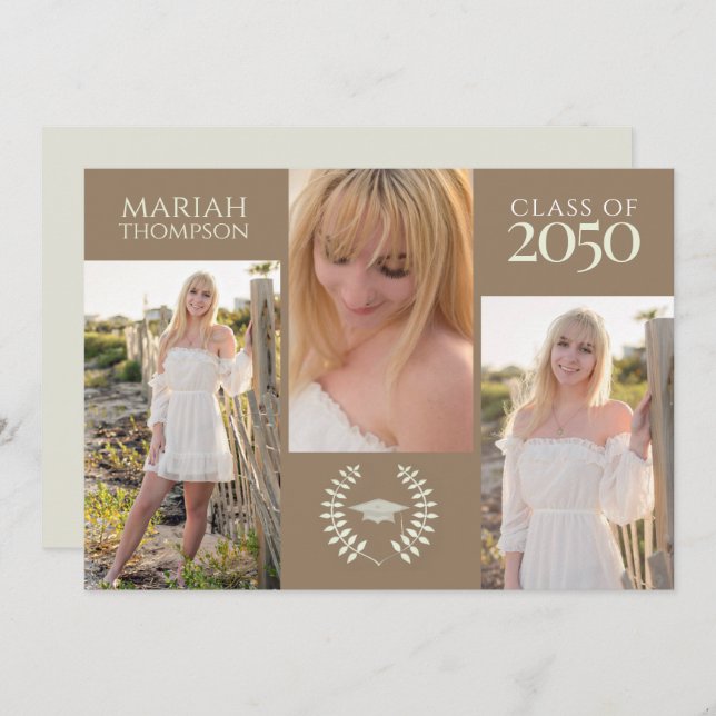Graduation Three Photo Simple Neutral Creative  Invitation (Front/Back)