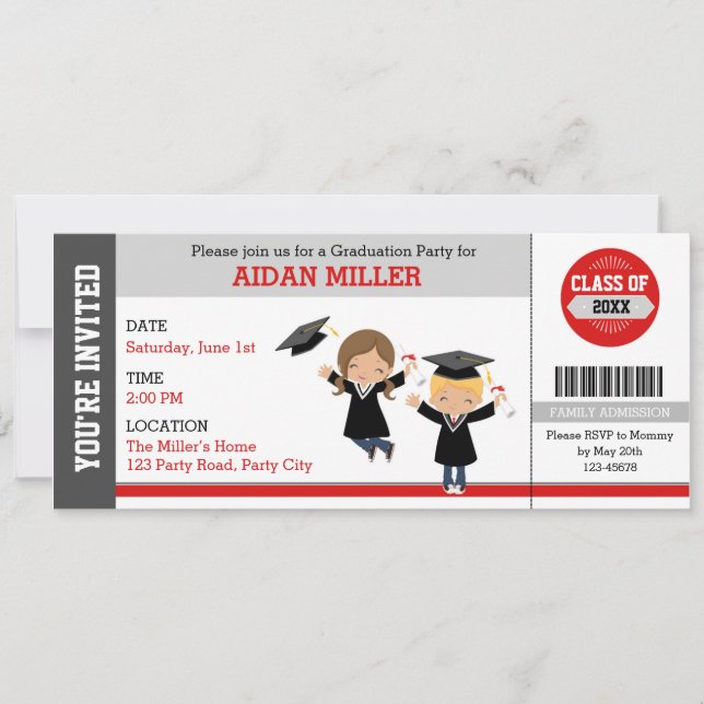 Graduation Ticket Invitations (Cute Boy Girl) (Front)