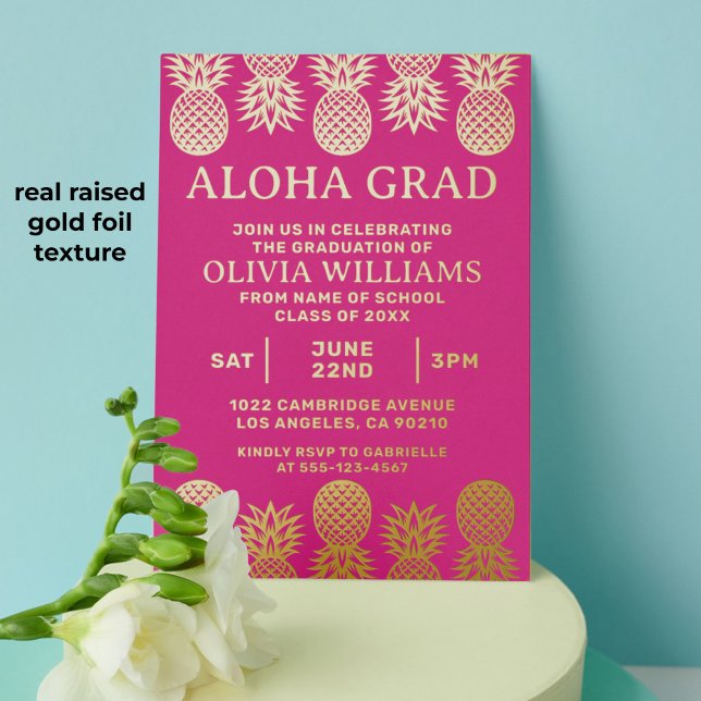 Graduation Tropical Pineapple Luau Pink (Tropical pineapple graduation invitation with gold foil raised texture)