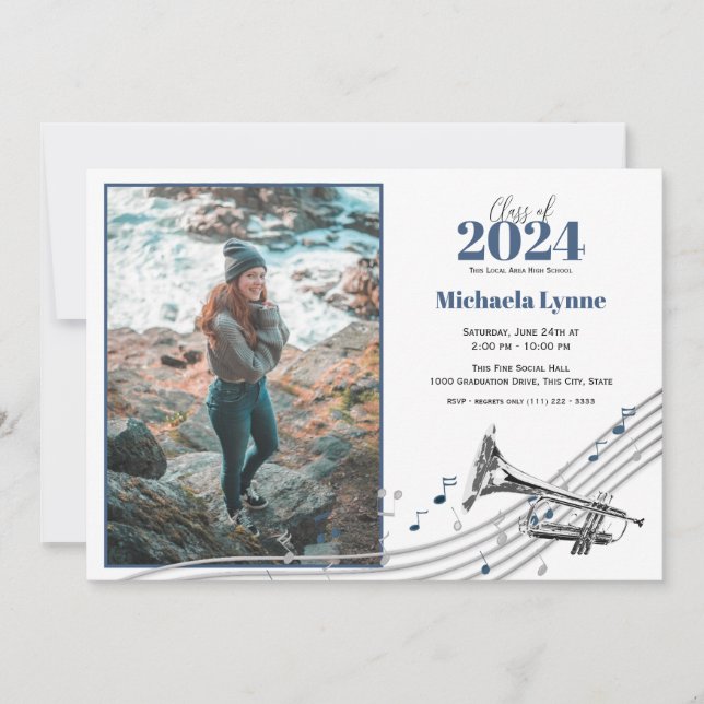 Graduation Trumpet Marching Band with Photo Invitation (Front)