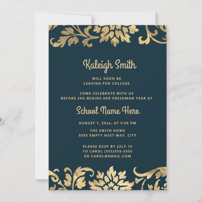 Graduation Trunk Party Navy Blue Vintage Gold Invitation (Front)