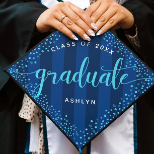 Graduation turquoise glitter dots navy stripes cap topper