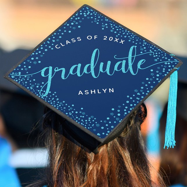 Graduation turquoise glitter dots & script on navy cap topper (Creator Uploaded)