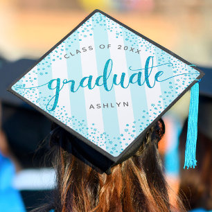 Graduation turquoise glitter dots & stripes custom cap topper