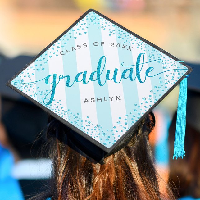 Graduation turquoise glitter dots stripes monogram cap topper (Creator Uploaded)
