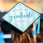 Graduation turquoise glitter dots stripes monogram graduation cap topper<br><div class="desc">Your favourite grad will stand out and make a statement when she wears this graduation cap topper! Let her celebrate her milestone with this stunning, modern, sparkly turquoise glitter dots and typography script against a baby turquoise blue and white striped background, tassel topper. Personalize the custom text with your grad’s...</div>