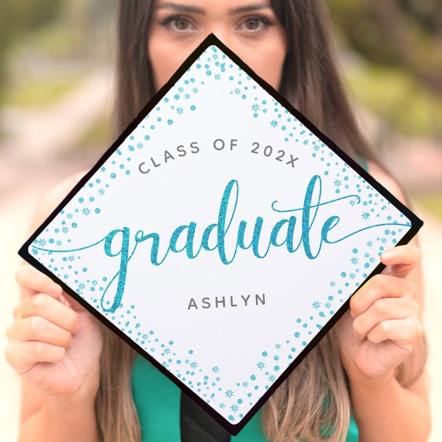 Graduation turquoise glitter script dots custom graduation cap topper (Creator Uploaded)