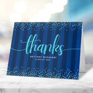 Graduation turquoise script calligraphy navy chic thank you card