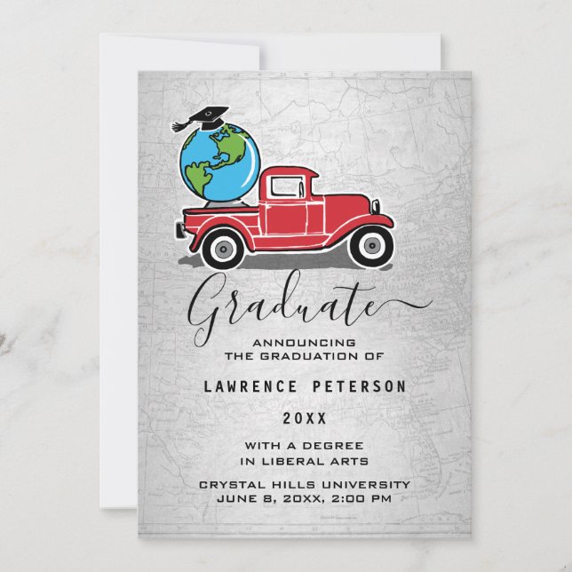 Graduation Vintage Truck Globe Grad Cap Announcement (Front)
