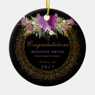 Graduation Watercolor Glitter Flower Gold Confetti Ceramic Ornament