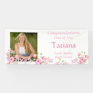 Graduation, Watercolor, Pink Flower,  Custom Photo Banner