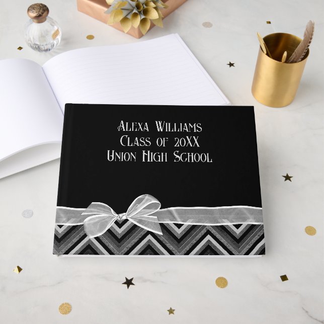 Graduation White Bow On Chevron Design Guest Book (Front Open)