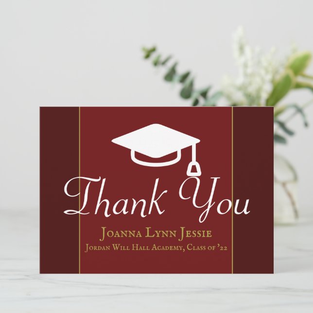 Graduation white Cap Thanks Script Maroon  Thank You Card (Standing Front)
