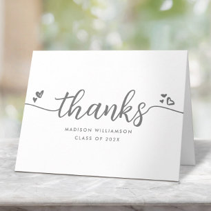 Graduation White Chic Modern Grey Script Hearts Thank You Card