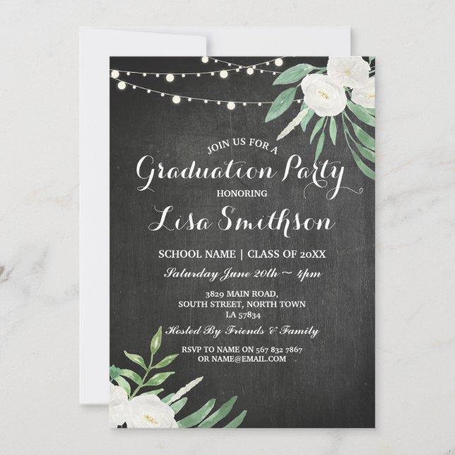 Graduation White Flowers Lights Chalk Invite (Front)