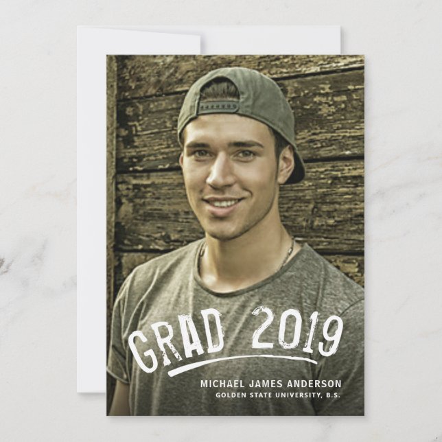 Graduation White Grunge Lettered Photo Announcment Announcement (Front)