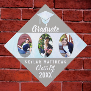 Graduation White Opal Girly Oval 3 Photo Collage Cap Topper