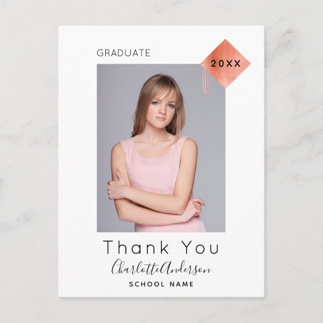 Graduation white rose gold modern photo thank you postcard (Front)