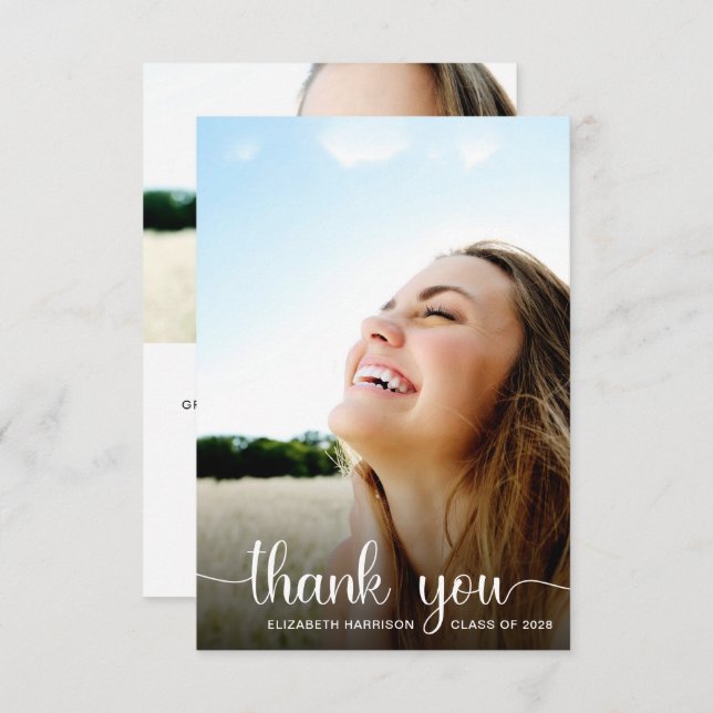 Graduation White Script Photo Overlay Thank You Card (Front/Back)