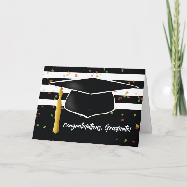 Graduation With Cap and Black White Stripes Card (Front)