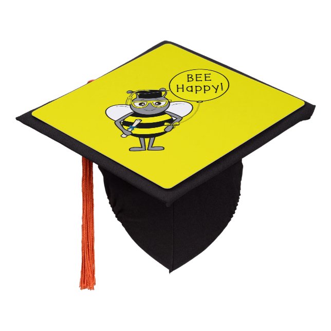 Graduation with Happy Bee Cartoon Graduation Cap Topper (Angled)