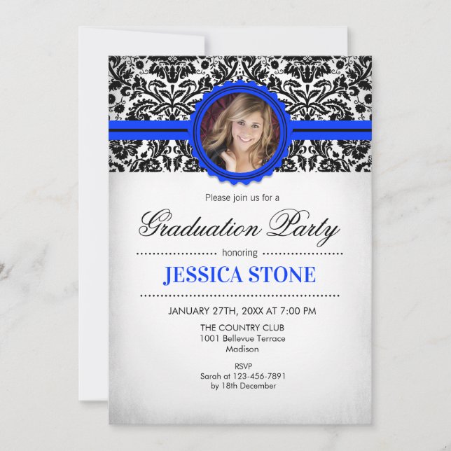 Graduation With Photo - Royal Blue Black White Invitation (Front)