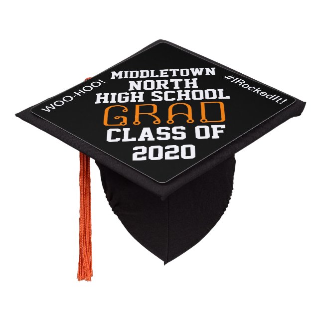 Graduation Woo-Hoo Black Orange Graduation Cap Topper (Angled)