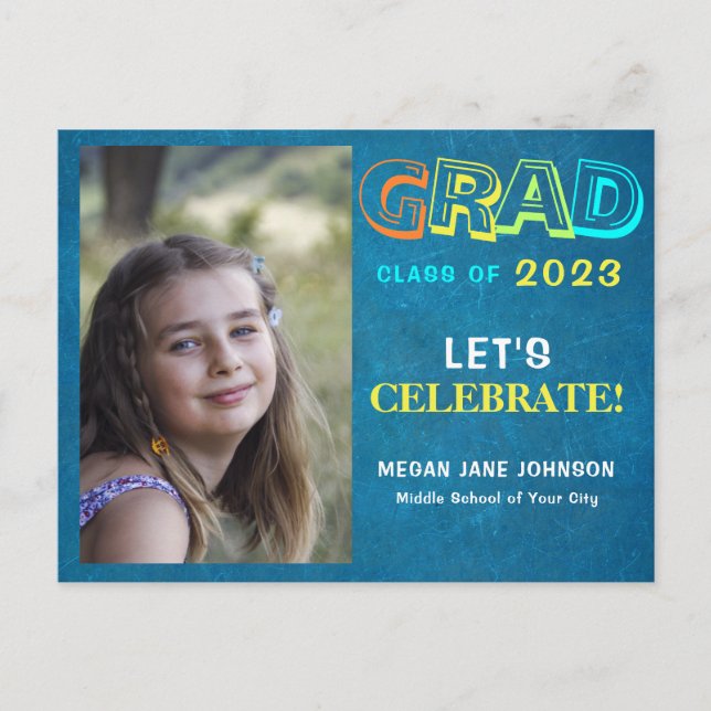 Graduation year colourful middle school grad photo postcard (Front)