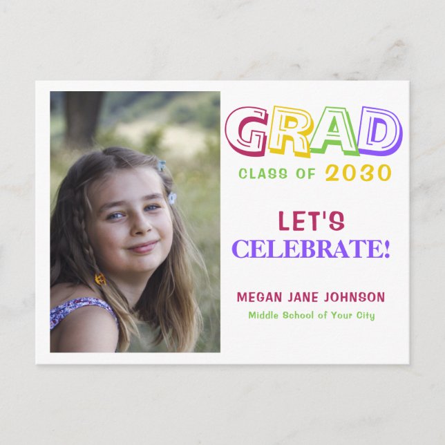 Graduation year colourful middle school grad photo postcard (Front)