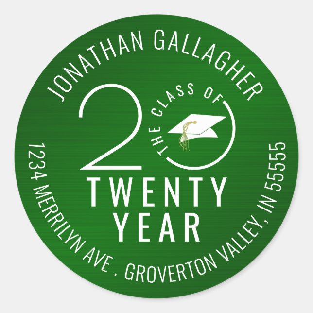 Graduation Year Metallic Green Return Address Classic Round Sticker (Front)