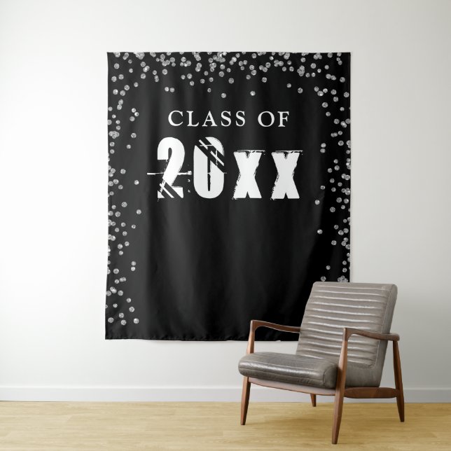 Graduation Year Silver Confetti Photo Backdrop Tapestry (In Situ)