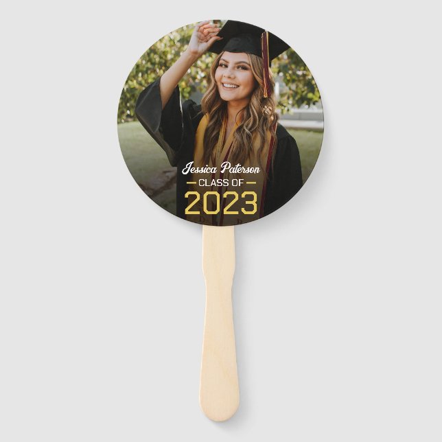 Graduation Yellow Script Grad Photo Modern Party Hand Fan (Front)