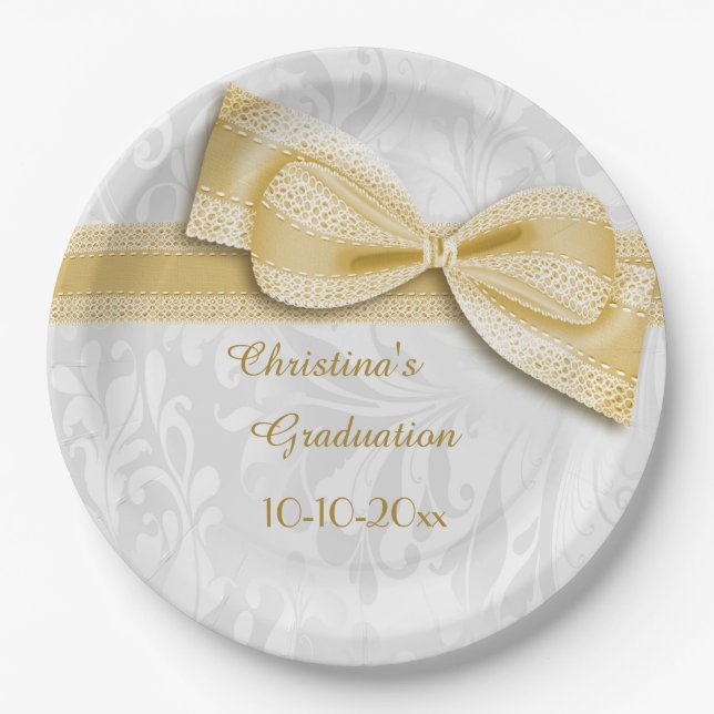 Gradution Gold Damask and Faux Bow Paper Plate (Front)