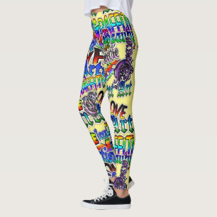 Graffiti Art Leggings, Yellow Colourful Leggings