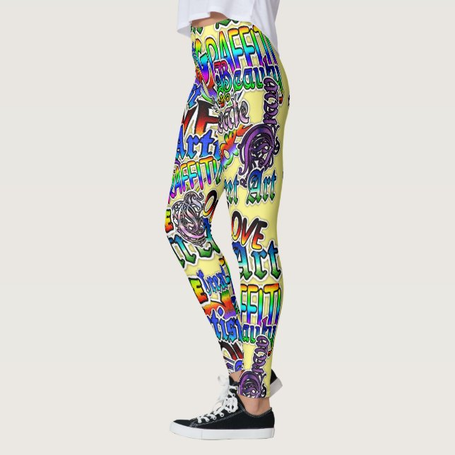 Graffiti Art Leggings, Yellow Colourful Leggings (Left)