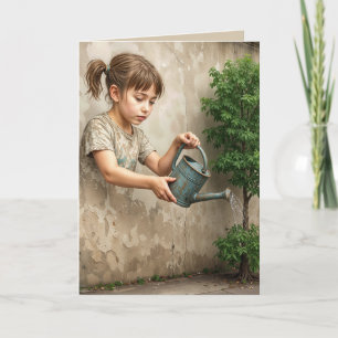 Graffiti Art of Young Girl Watering a City Tree Card