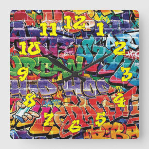 Graffiti Background w/Graffiti Numbers-04 Square Wall Clock