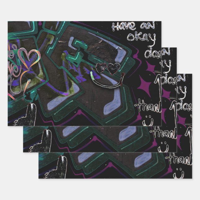 Graffiti Black Green Modern Urban Street Wall Art Wrapping Paper Sheet (Set)