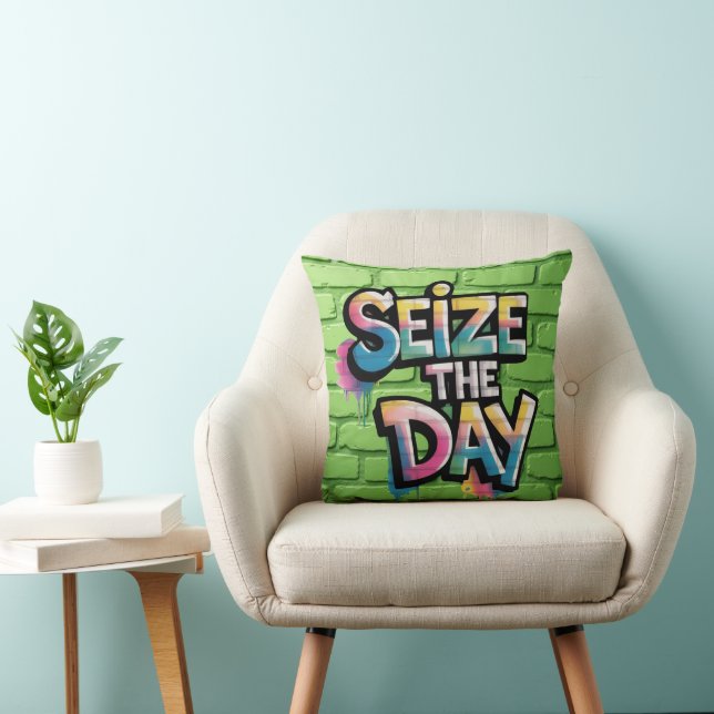 Graffiti Colorful Text Saying Seize The Day Throw Pillow (Chair)