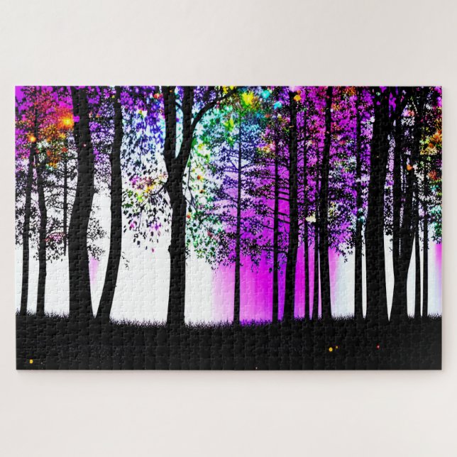 Graffiti Coloured Sky Over Black Silhouette Forest Jigsaw Puzzle (Horizontal)