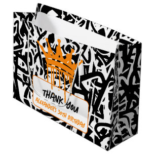 Graffiti Crown Orange Black Birthday Thank you Large Gift Bag