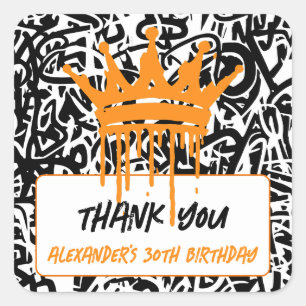 Graffiti Crown Orange Black Thank You Square Sticker