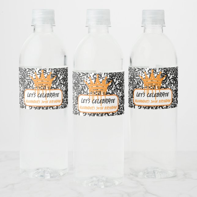 Graffiti Crown Orange Let's Celebrate Birthday  Water Bottle Label (Bottles)