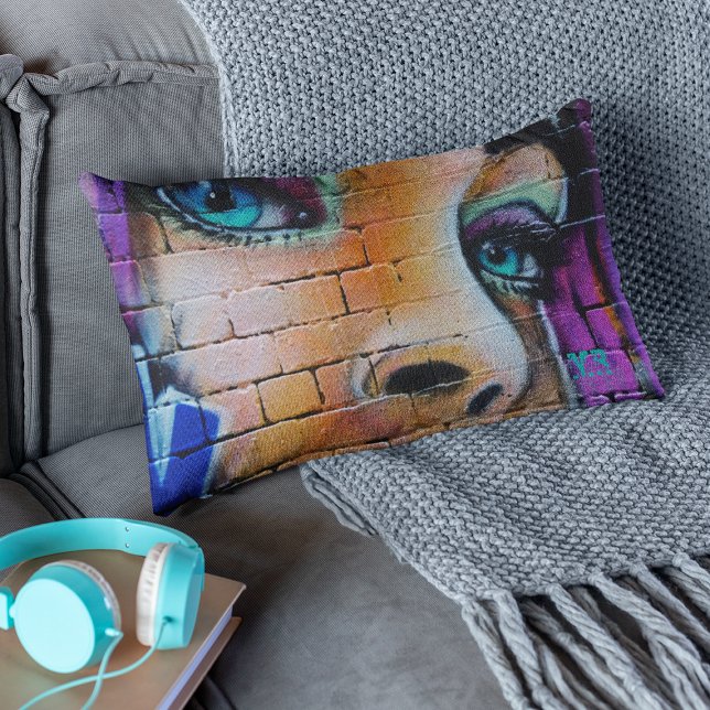 Graffiti Girl Purple Blue Pretty Eyes Monogram Accent Pillow (Creator Uploaded)
