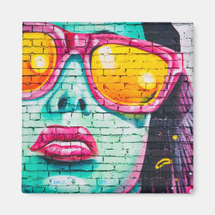 Graffiti girl street art pop teal pink yellow magnet